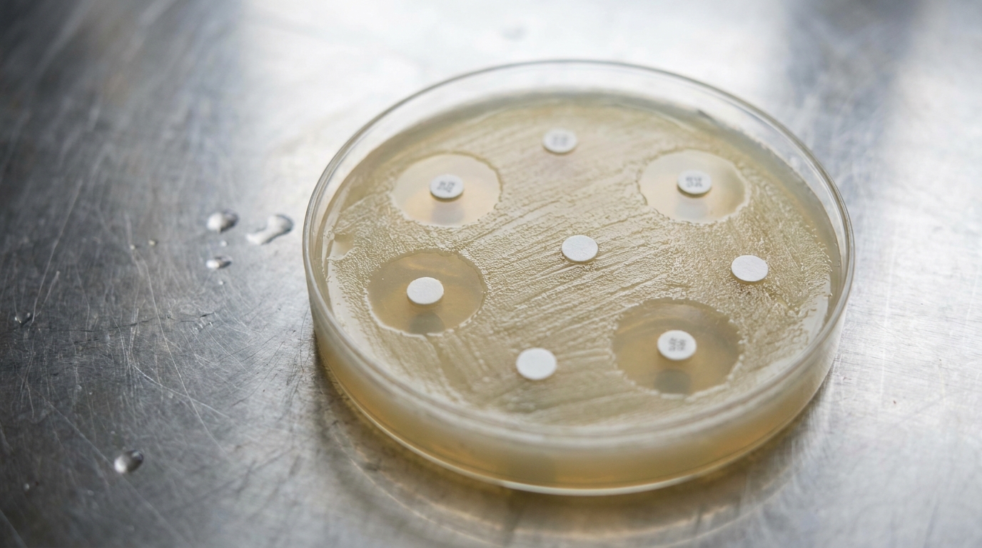 Mueller-Hinton agar plate with antibiotic susceptibility disks showing zones of inhibition — representative of the resistance-gene profiling workflow.