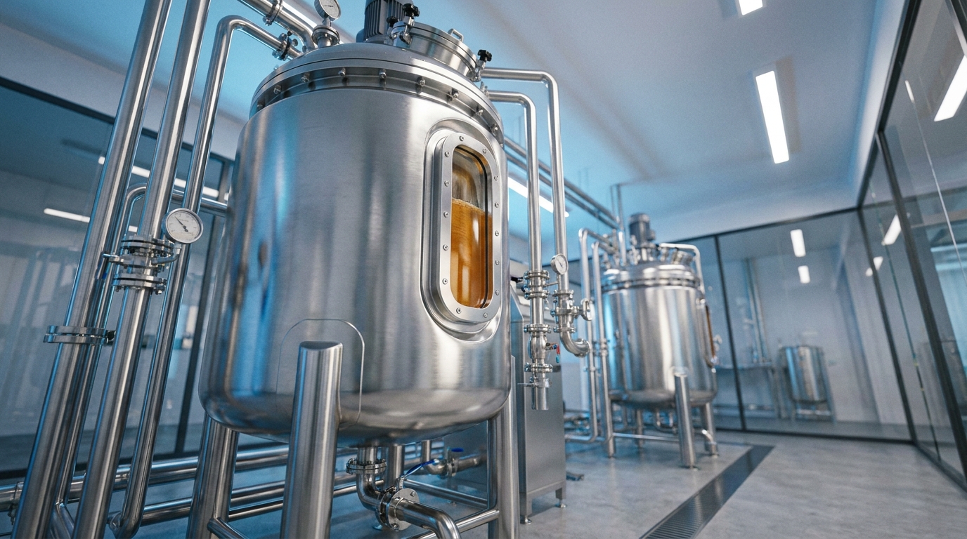 Industrial stainless-steel bioreactor fermentation tank with amber broth visible through a sight glass.