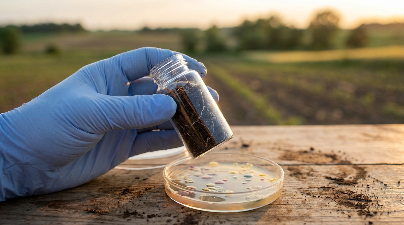 A vial of topsoil with visible fungal hyphae held over a Petri dish in a field laboratory.