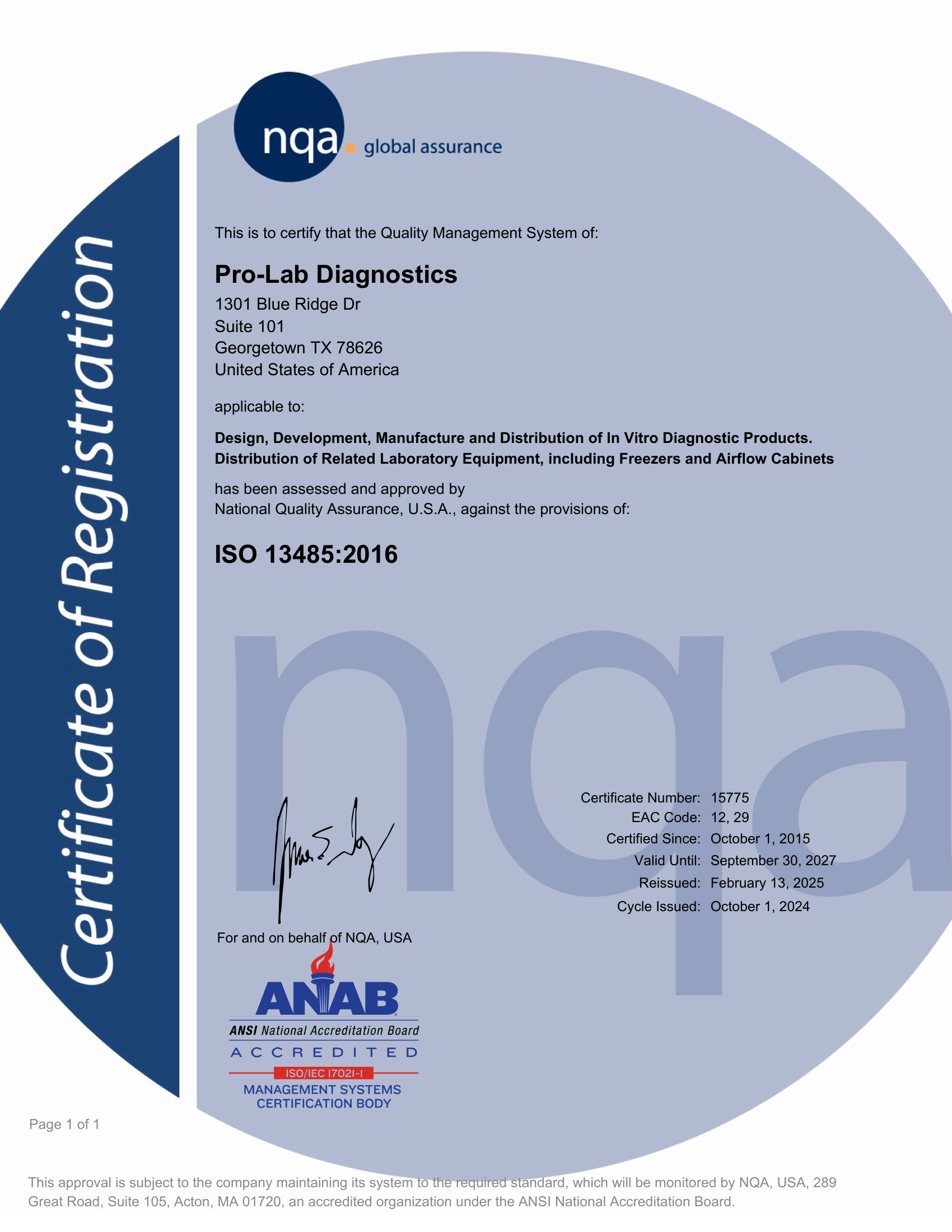 Pro-Lab Diagnostics — ISO 13485:2016 Certificate of Registration, NQA Cert #15775, valid through September 30, 2027