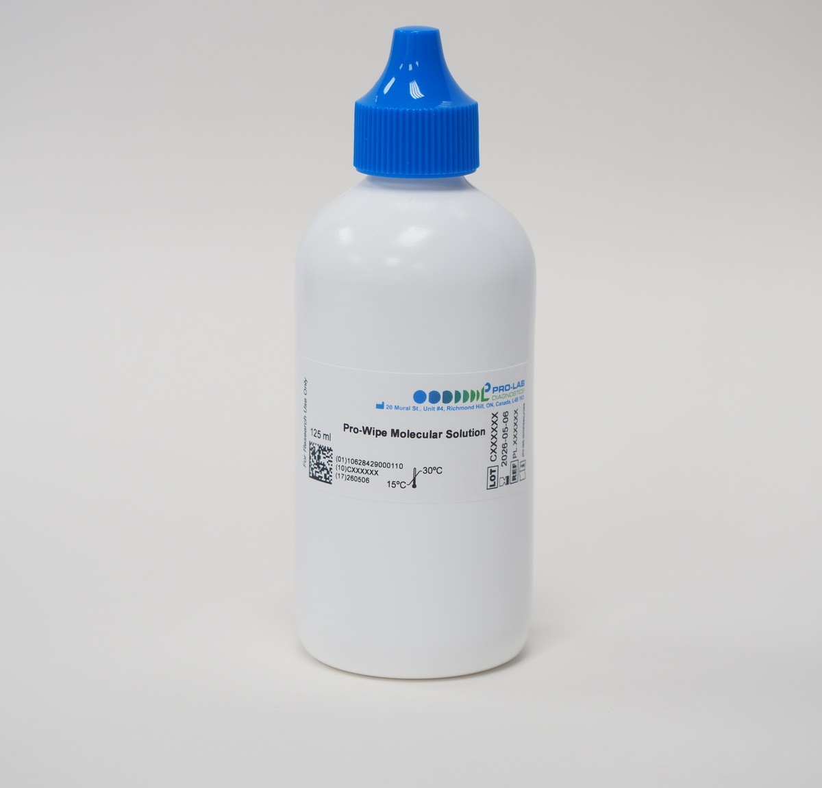 Botella de Solución Molecular Pro-Wipe de 125 mL, vista angulada mostrando tapa gotero — Pro-Lab Diagnostics