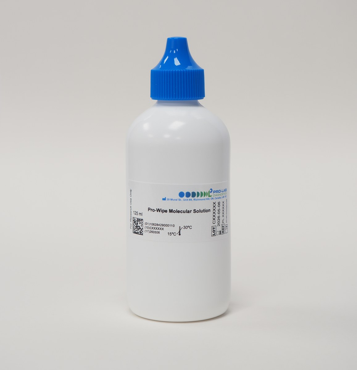 Botella de Solución Molecular Pro-Wipe de 125 mL, detalle de etiqueta — Pro-Lab Diagnostics